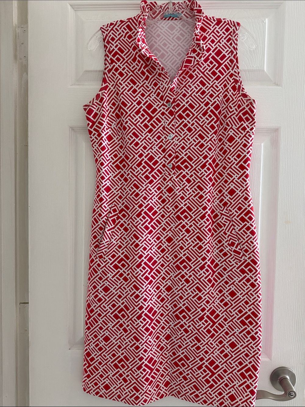 J. McLaughlin Doris dress featuring a red ,white geometric print ruffled collar